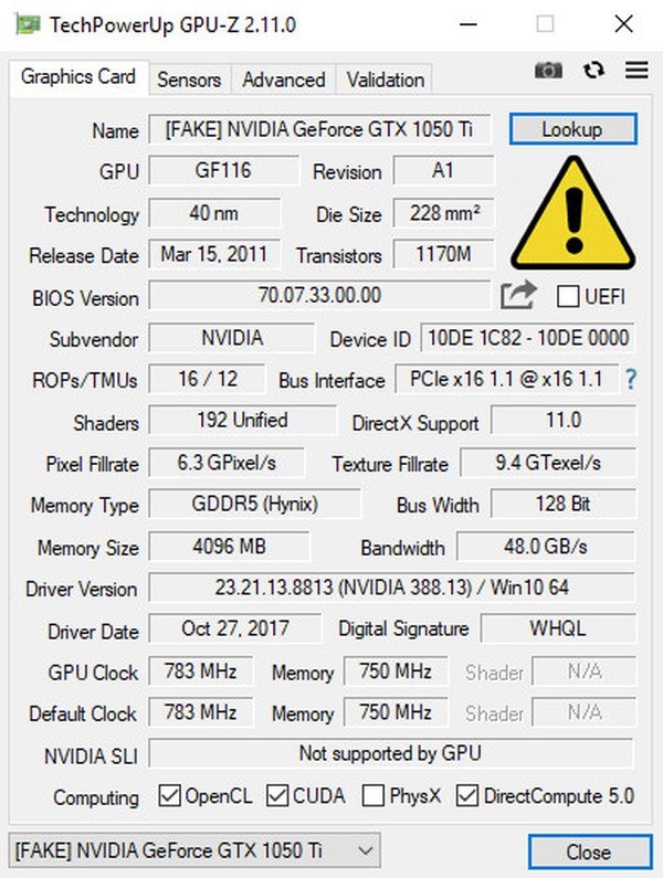 GPU-Z erkennt gefälschte GTX 1050 Ti (Screenshot aus Vorabversion)