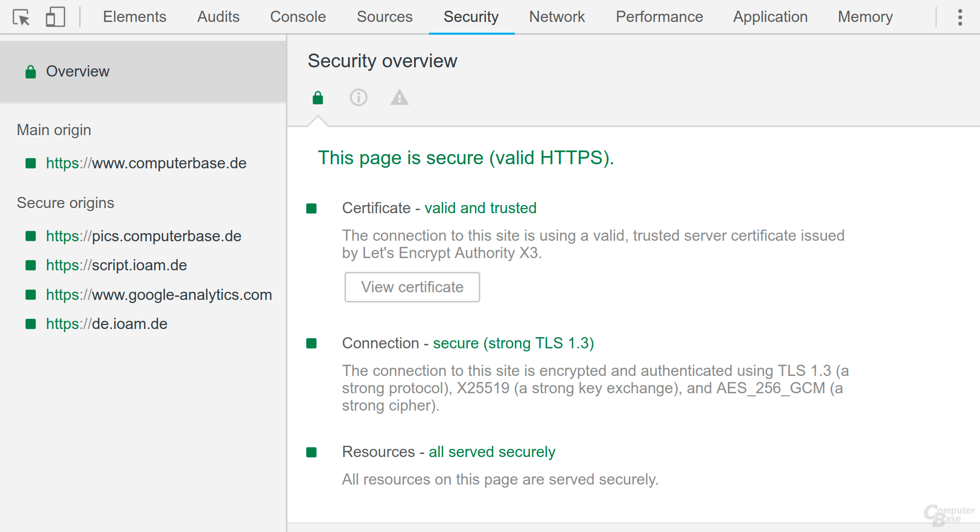Security-Tab der Developer Tools in Chrome 70