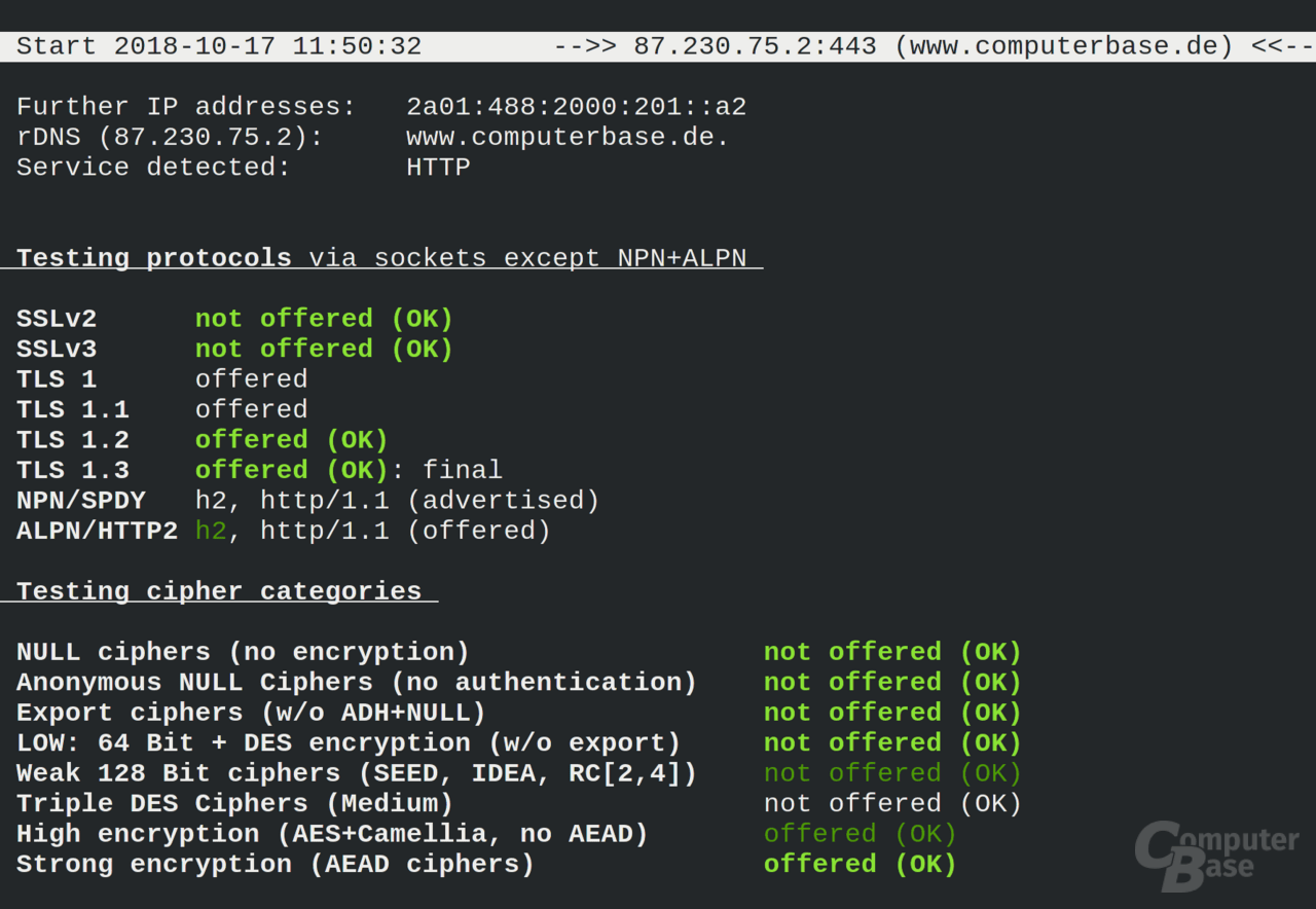 Auszug der Ausgabe des Bash-Scripts testssl.sh 3.0rc2