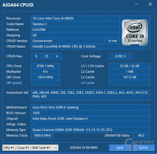 Intel Core i9-9900X bei 4,7 GHz miz DDR4-3200