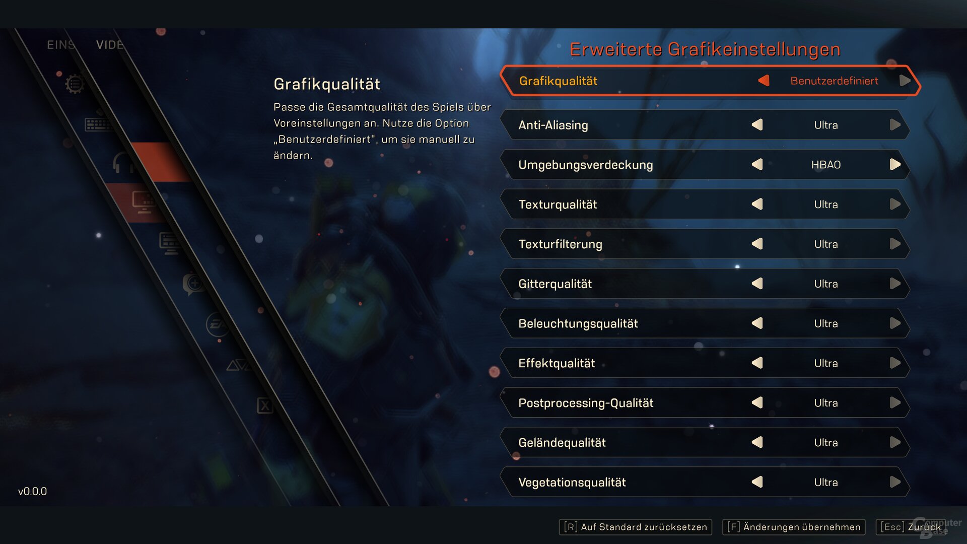 Das Grafikmenü von Anthem