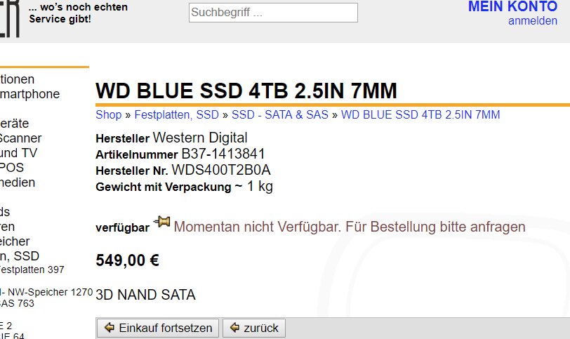 WD Blue 3D NAND SSD mit 4 TB bei Händlern