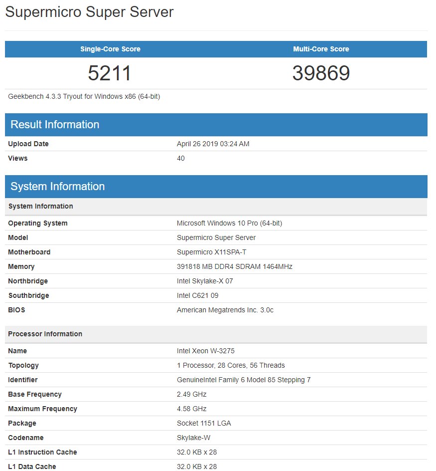 Intel Xeon W-3275 im Geekbench