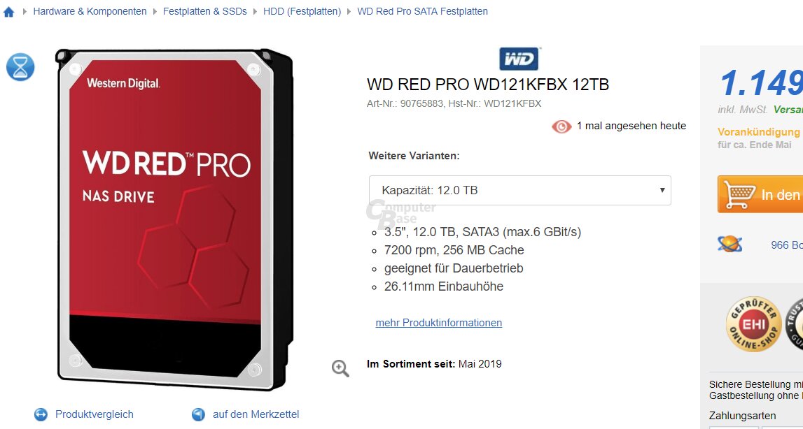 WD Red Pro 12TB (WD121KFBX) im Handel