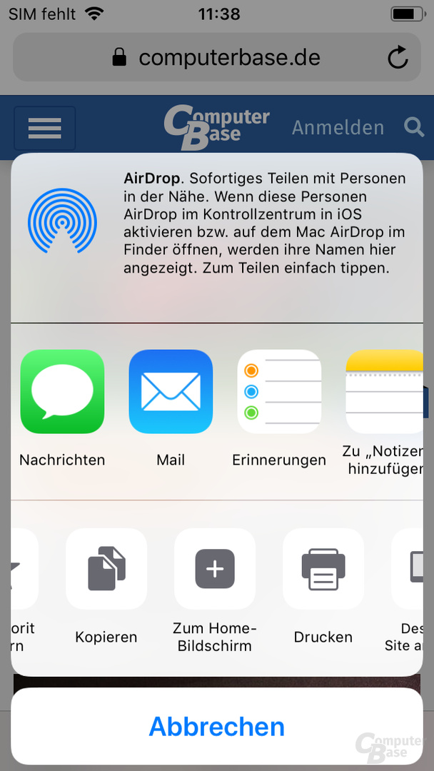 App-Installation in Mobile Safari – Share-Menü