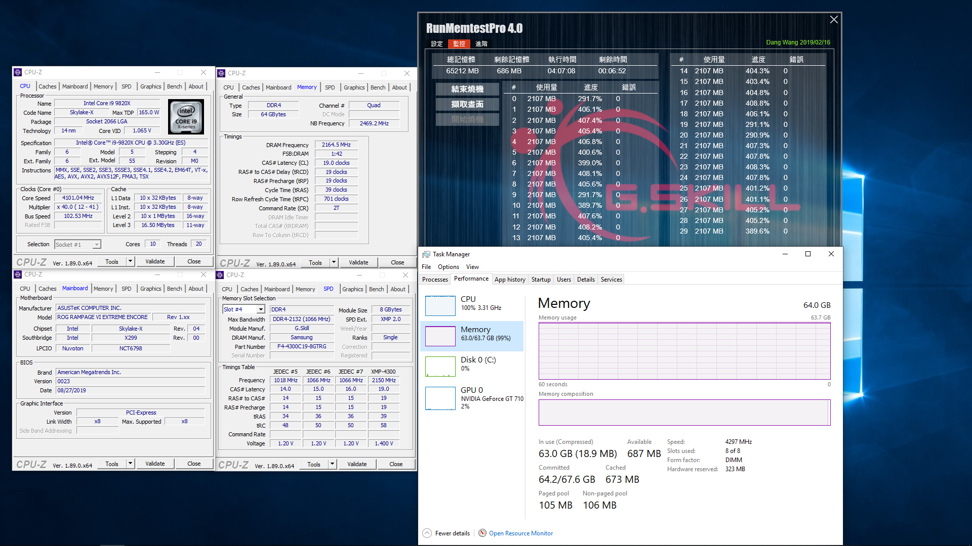 64 GB (8x8 GB) DDR4-4300 CL19-19-19-39 bei 1,4 Volt auf Intel X299
