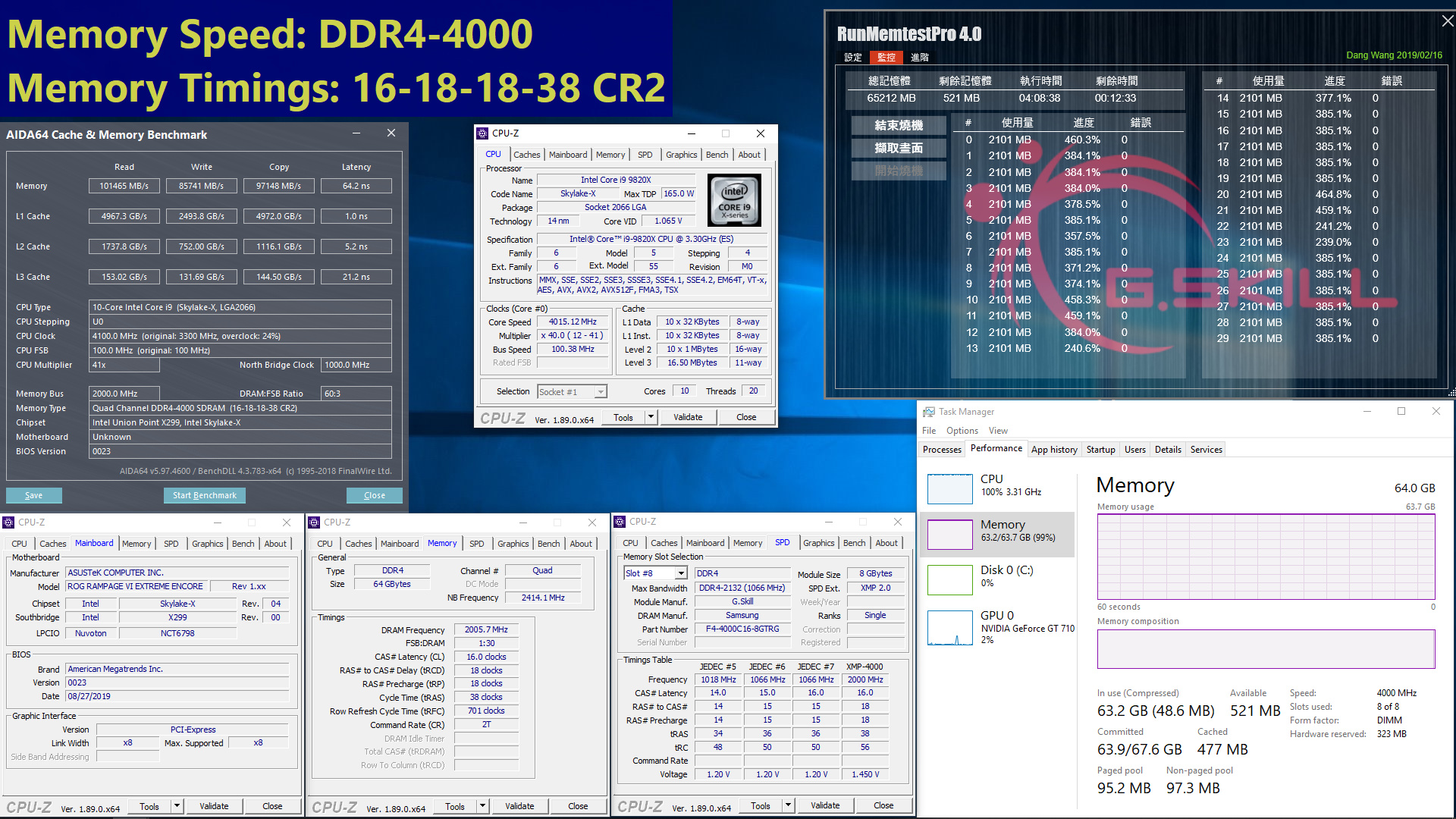 64 GB (8x8 GB) DDR4-4000 CL16-18-18-38 bei 1,45 Volt auf Intel X299
