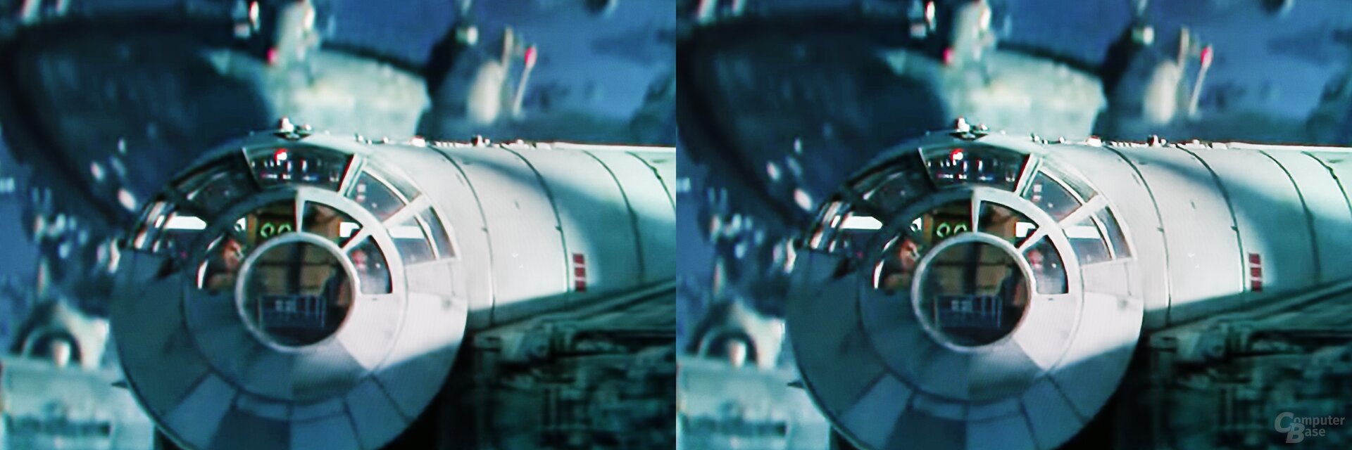 Szene aus Star Wars IX Trailer: links Standard, rechts KI-Upscaling
