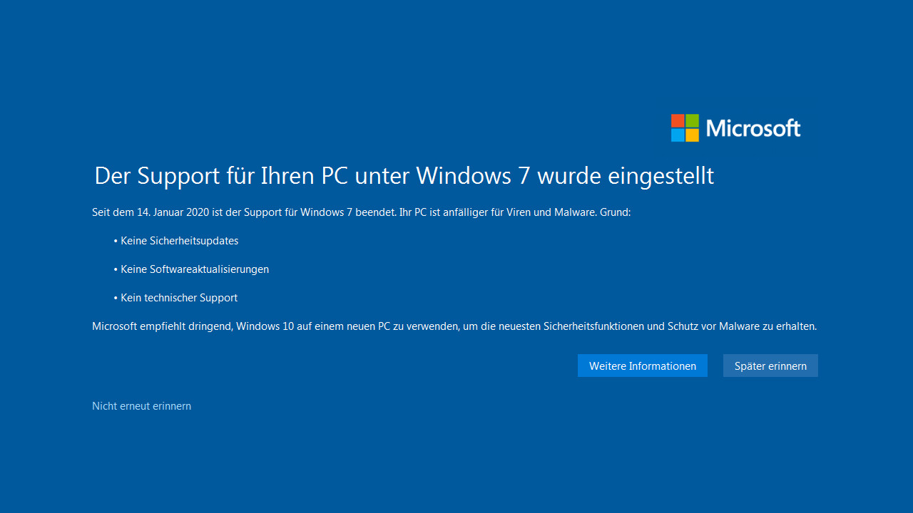 Support-Ende: Ab 15. Januar warnt Windows 7 im Vollbild vor sich selbst