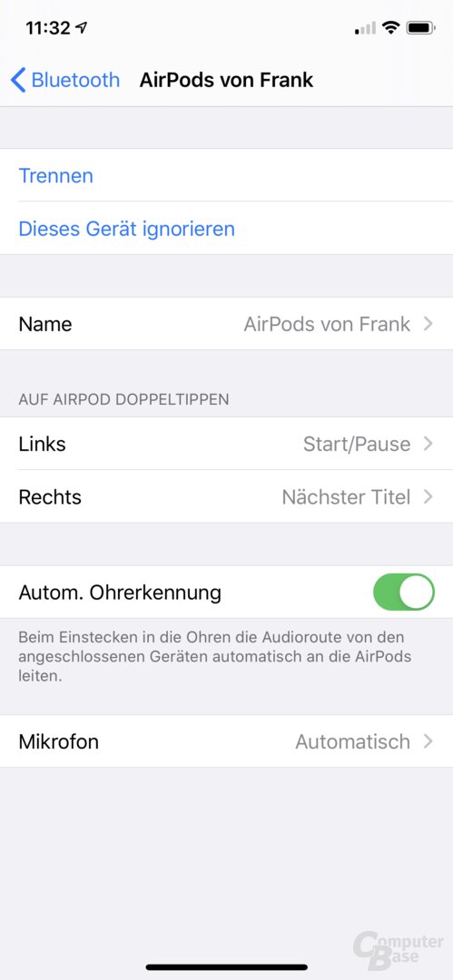Optionen der Apple AirPods am iPhone