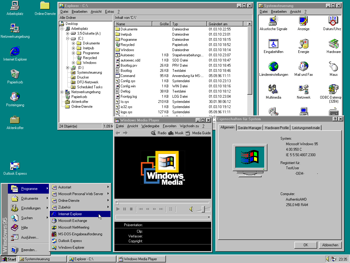 Der Desktop von Windows 95 mit geöffneten Programmen