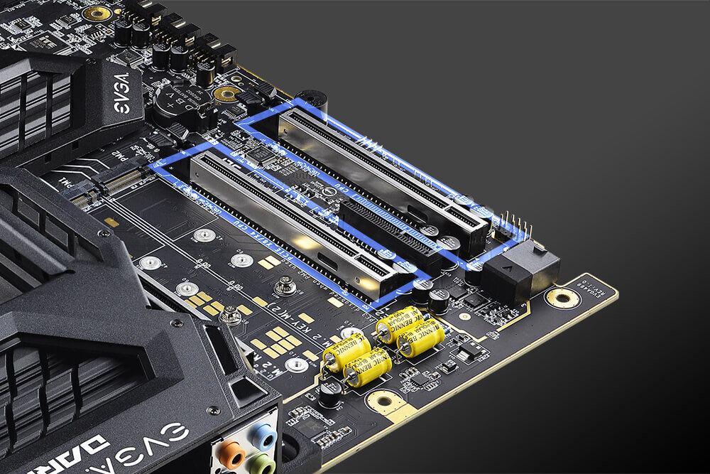 EVGA Z490-Mainboards – die PCIe-x16-Steckplätze sind verstärkt ausgeführt