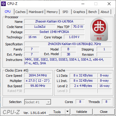 ZhaoXin KaiXian KX-U6780A in CPU-Z