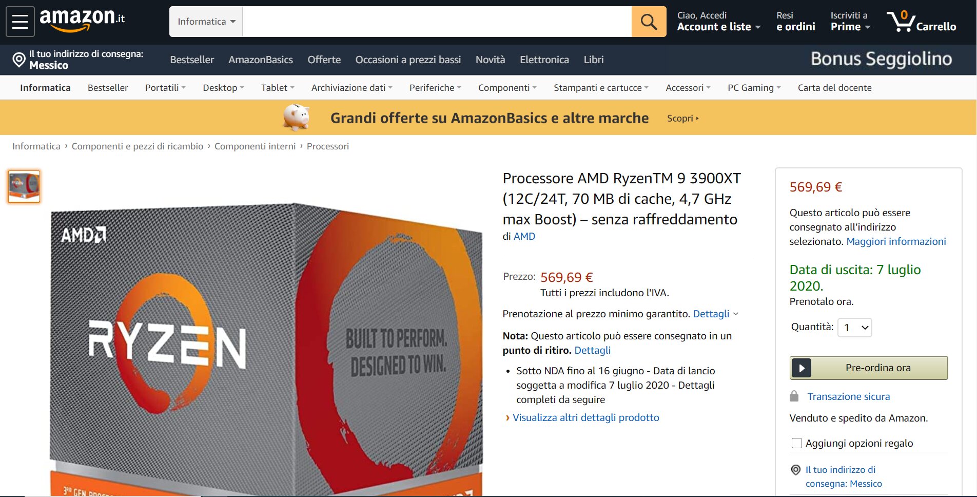 AMD Ryzen 9 3900XT auf Amazon Italien
