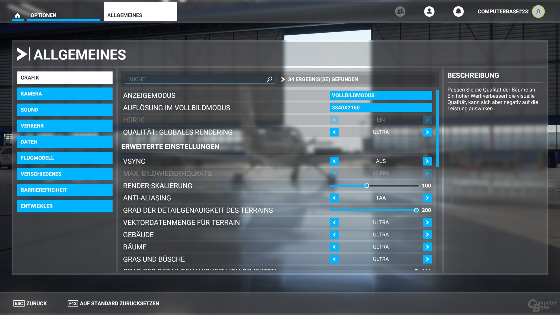 Das Grafikmenü im Flight Simulator