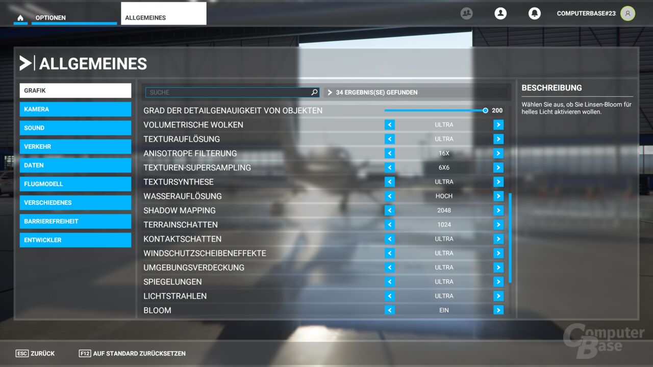 Das Grafikmenü im Flight Simulator