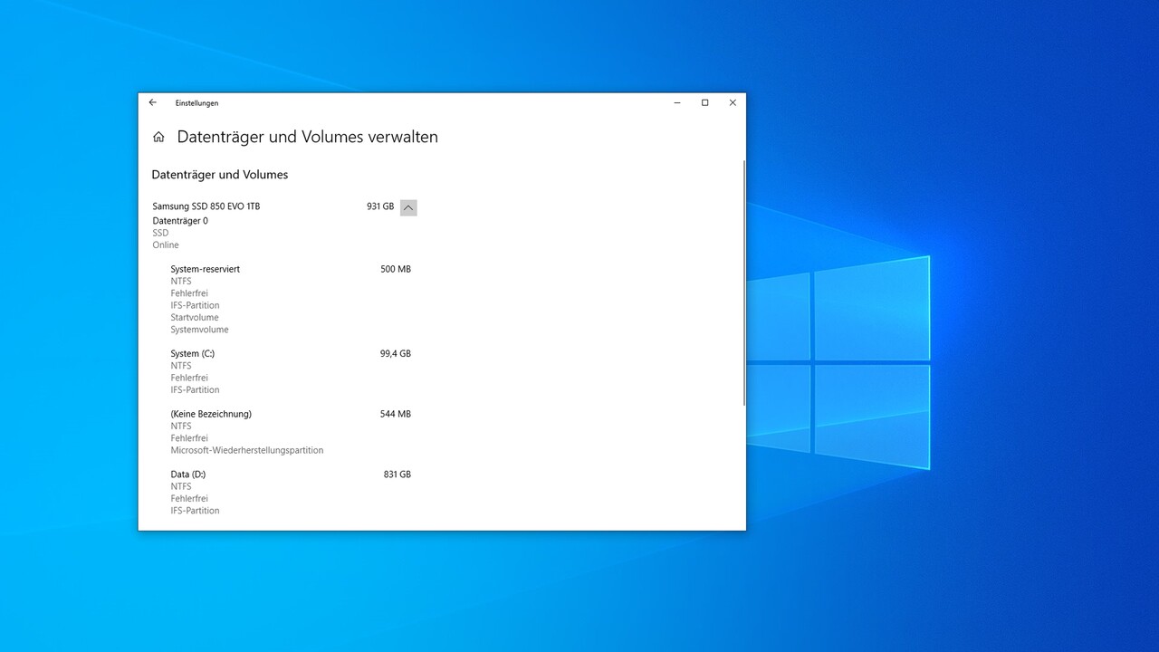 Windows 10: Datenträgerverwaltung in den neuen Einstellungen verfügbar