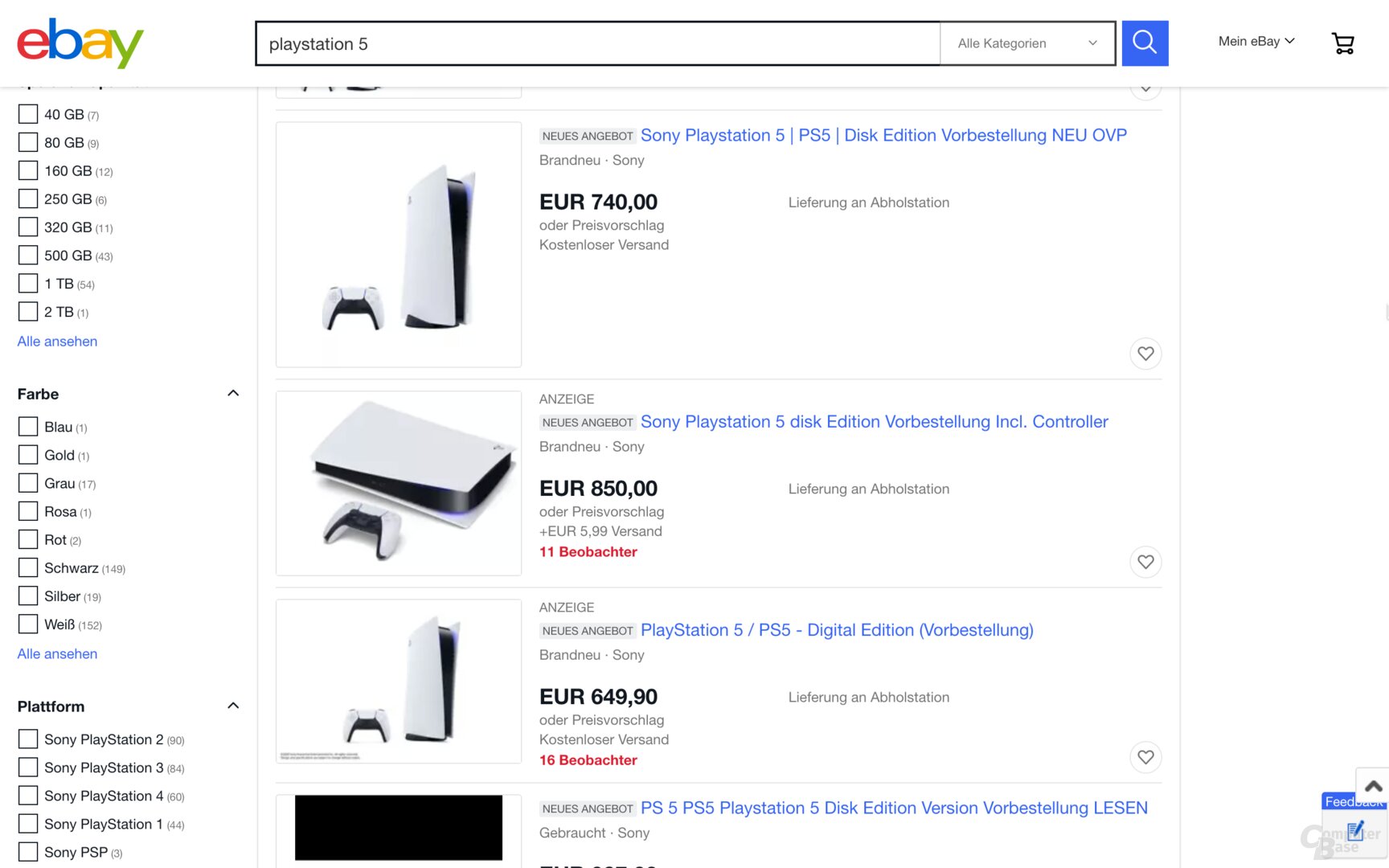 Die PlayStation 5 zu hohen Preisen auf eBay
