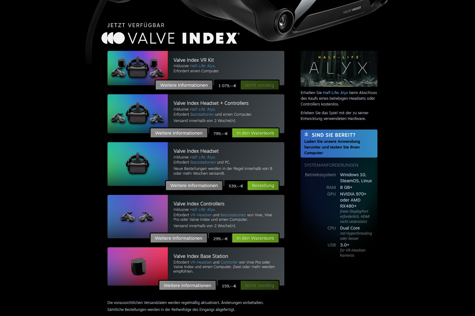 Die Valve Index ist aktuell nicht oder nur schwer zu bekommen