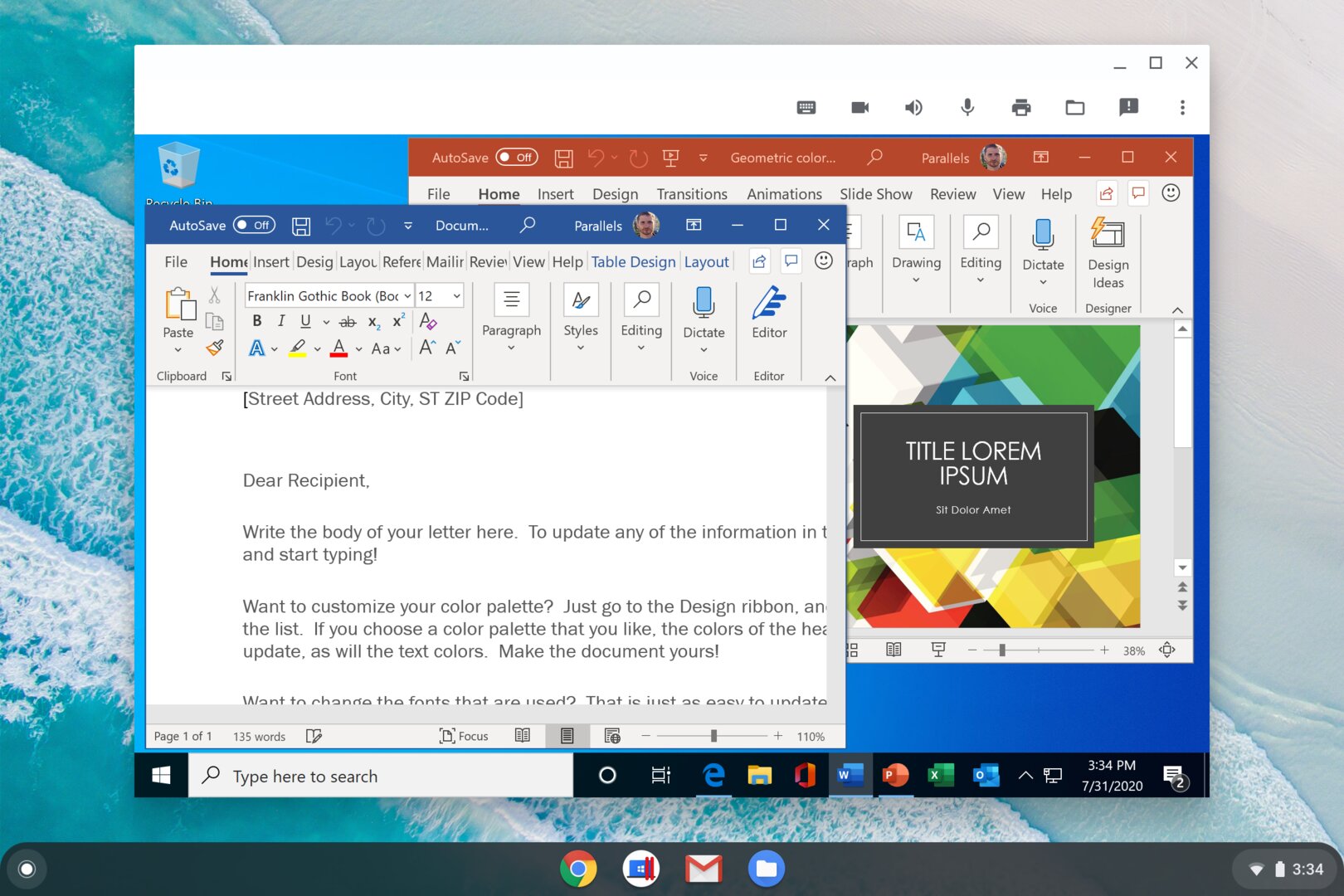 Microsoft Office für Windows auf Chrome OS in Parallels Desktop for Chromebook Enterprise
