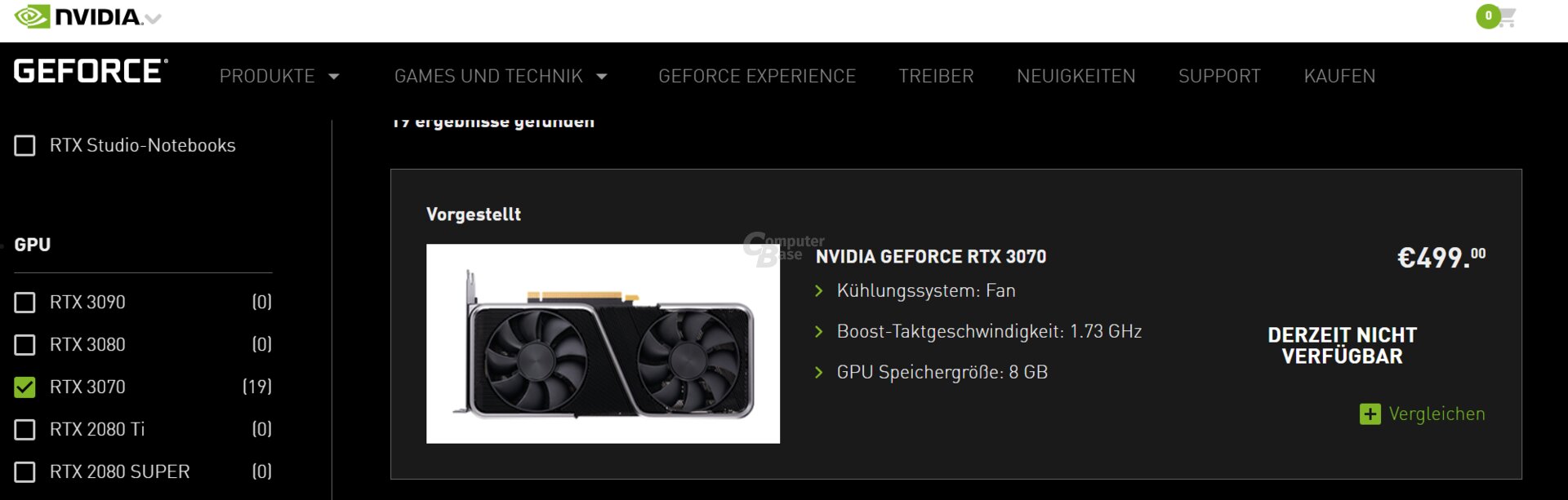 GeForce RTX 3070 nicht verfügbar