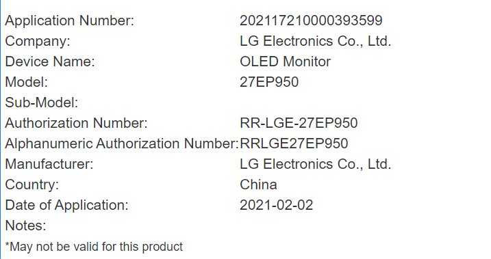 LG registriert OLED-Monitor 27EP950