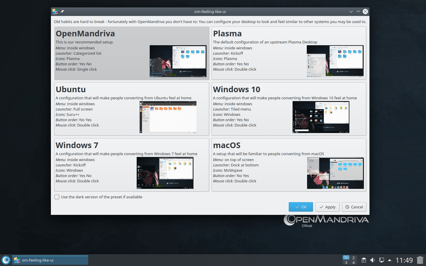 Der „Desktop Preset Selector“ in OpenMandriva