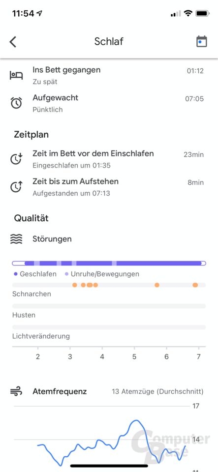 Vom Nest Hub (2. Gen.) aufgezeichnete Schlafdaten in Google Fit