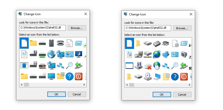 Die neuen (links) und alten (rechts) Windows-Shell32-Icons