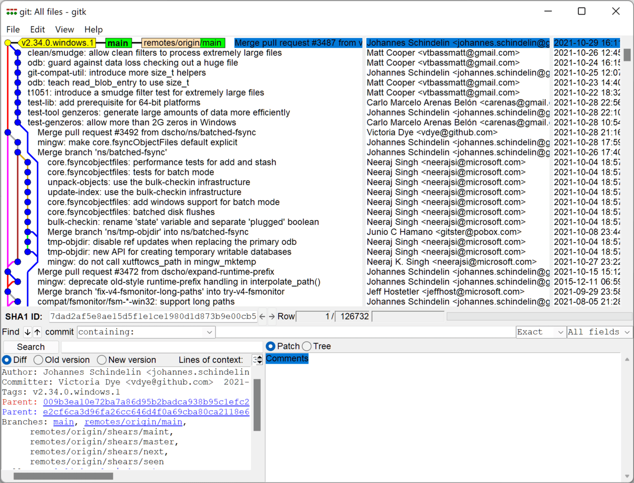 Git for Windows – Oberfläche von gitk (Bild: Git for Windows)