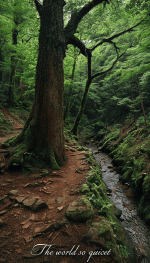 Tranquil Forest Path With Stream And Towering Tree (1).gif